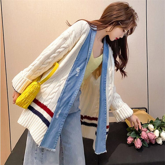 【outer】定番シンプルデニム切り替え3色カーディガンジャカード