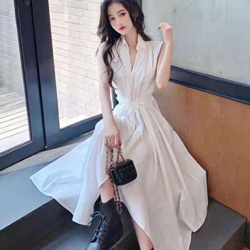 【Dress】大人気～ノースリーブウエスト絞りイレギュラー夏シャツワンピース   W-5939