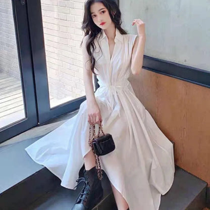 【Dress】大人気～ノースリーブウエスト絞りイレギュラー夏シャツワンピース   W-5939